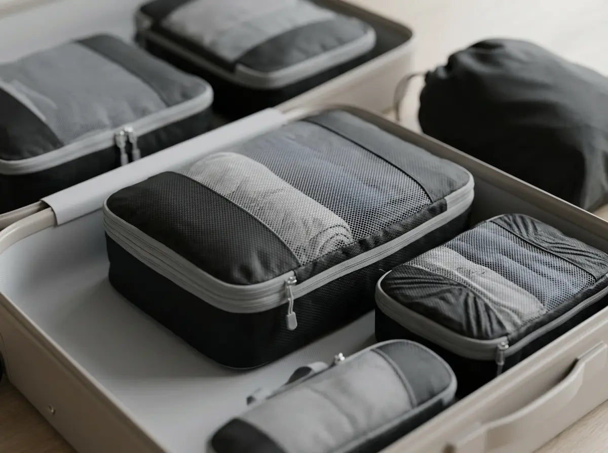 “Compression packing cubes neatly organized inside a suitcase, showing rolled clothes and space-saving travel packing system”