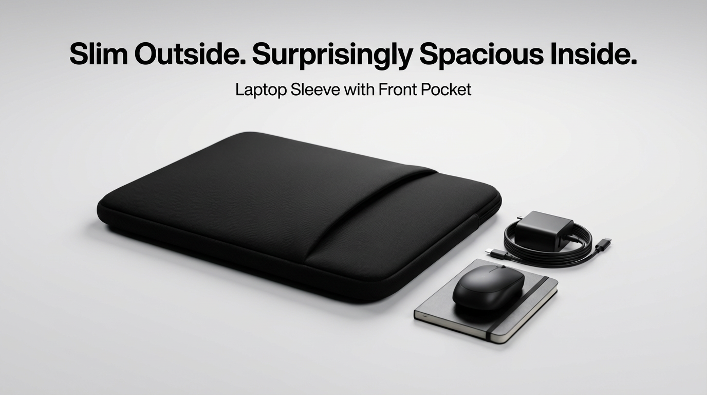 Black slim laptop sleeve with front pocket, minimal design, includes accessories like charger and mouse, ideal for work and travel 2026