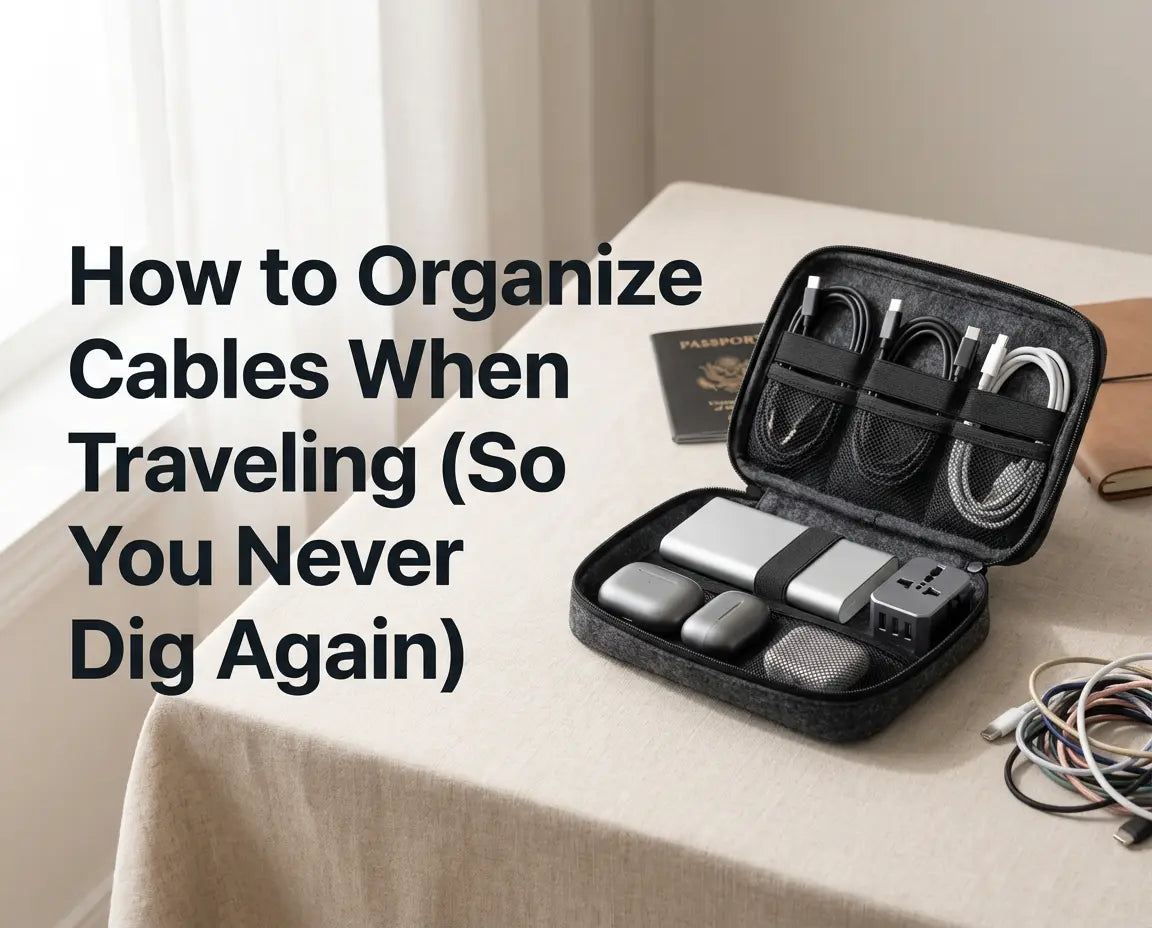 Travel cable organizer bag with cables and tech accessories neatly organized inside