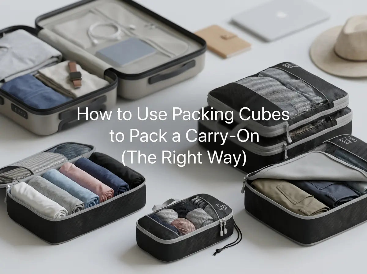 Compression packing cubes organized inside a carry-on suitcase for travel