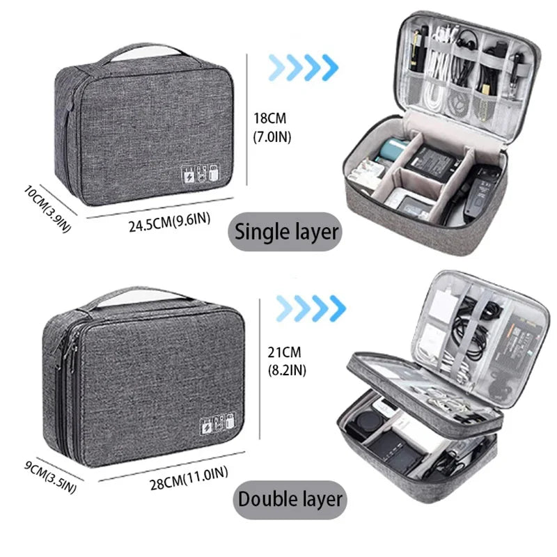 Gray travel case with measurements and product details on a white background
