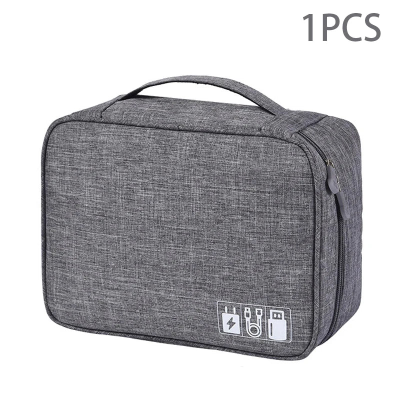 Gray travel toiletry bag with icon on a white background