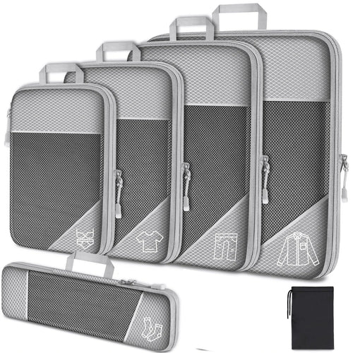Set of gray packing cubes with zippers on a white background