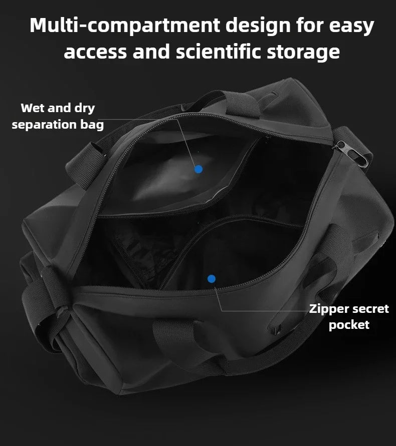 Black bag with compartments labeled for wet and dry separation and a secret zipper pocket on a black background.