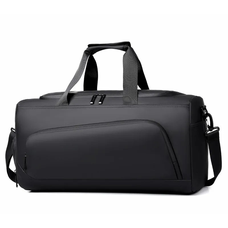 Black duffel bag with shoulder strap on a white background