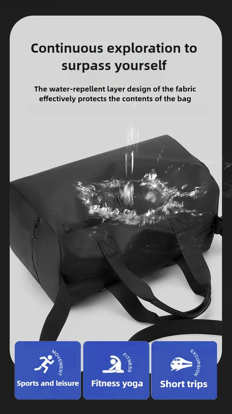 Black duffel bag with water droplets being splashed on it, text about water-repellent design, and icons for sports, fitness, and travel.