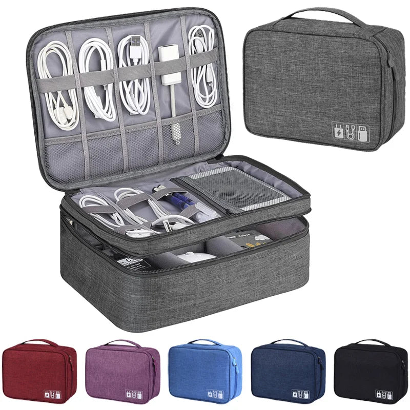 Gray travel organizer with compartments for electronic cables and devices on a white background.