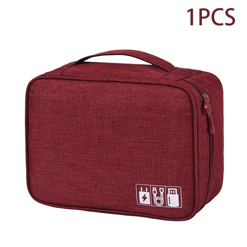 Red toiletry bag with icons on a white background