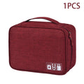Red toiletry bag with icons on a white background