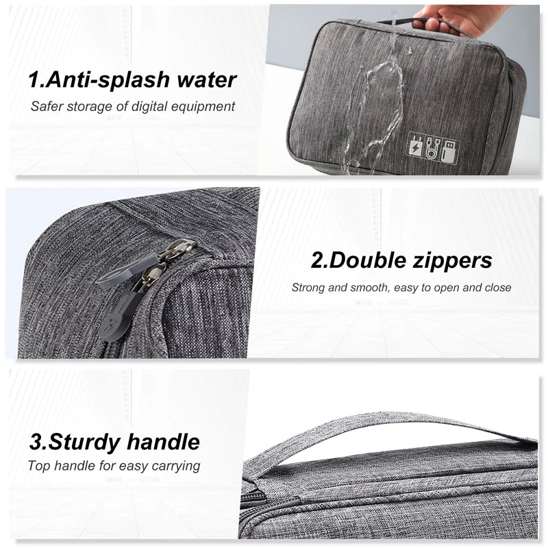 Gray carrying case with anti-splash water, double zippers, and sturdy handle features.