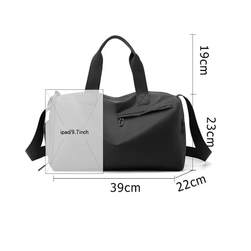 Black duffel bag with dimensions indicated on a white background