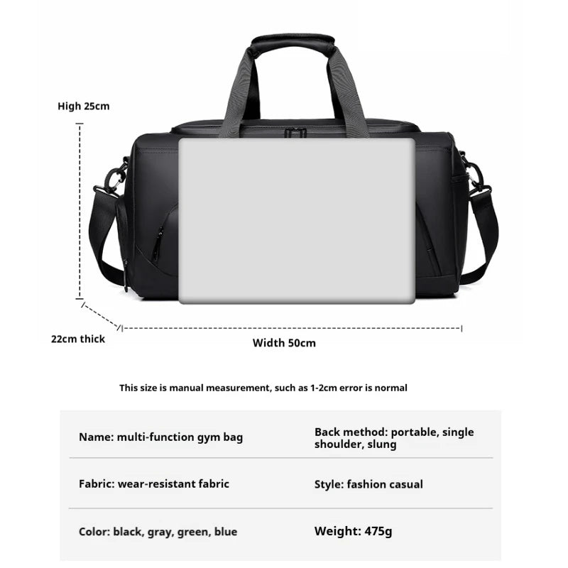 Multi-function gym bag with dimensions and features on a white background