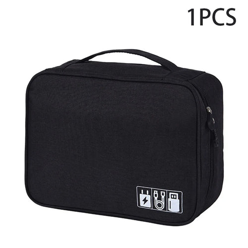 Black travel toiletry bag with icons on a white background