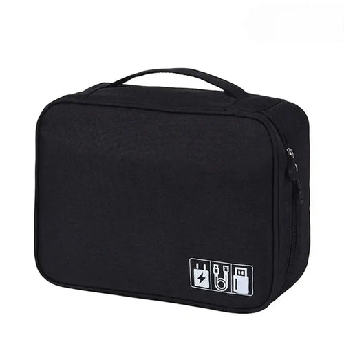 Black toiletry bag with icons on a white background