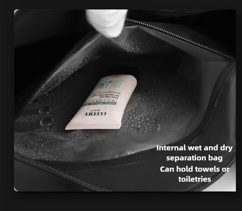 Internal wet and dry separation bag with a towel inside, labeled for holding towels or toiletries.
